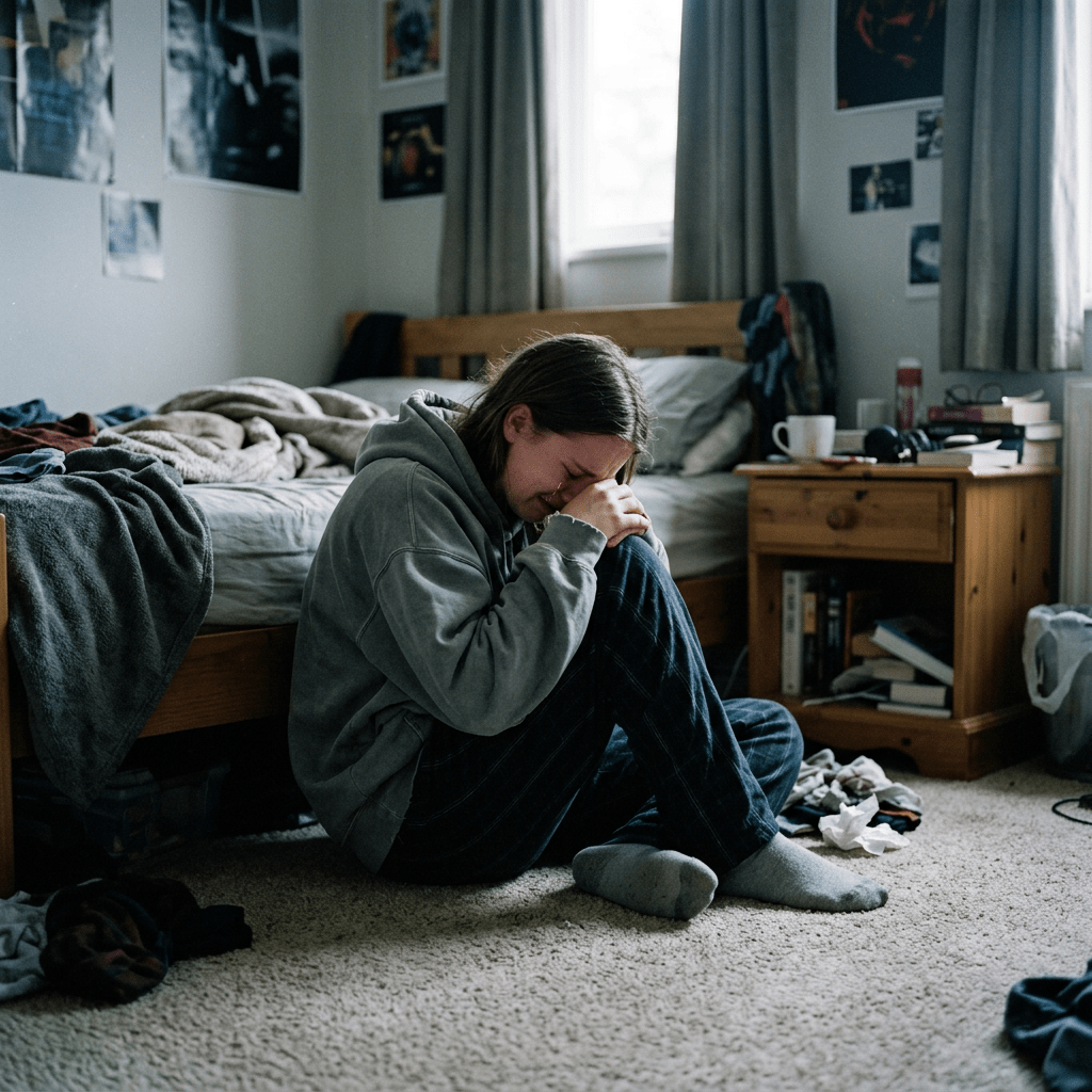 Teen sitting on floor with knees drawn up, crying in bedroom